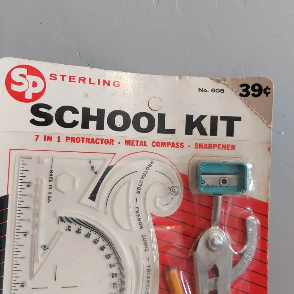 Vintage 1962 Sterling Plastics School Kit No608 Protractor Compass Sharpener NEW